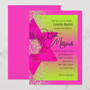Bat Mitzvah Pink Green Ombre Gold Glitter Invitation