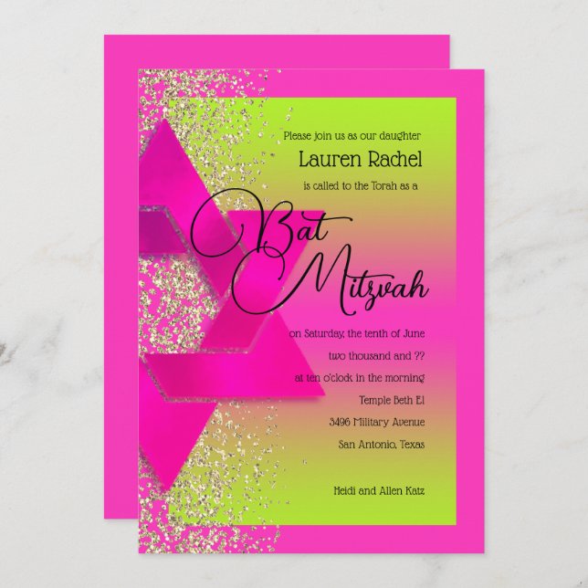 Bat Mitzvah Pink Green Ombre Gold Glitter Invitation (Front/Back)