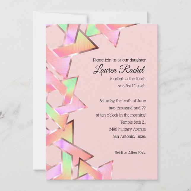 Bat Mitzvah Pink Green Peach Star of David Invitation (Front)