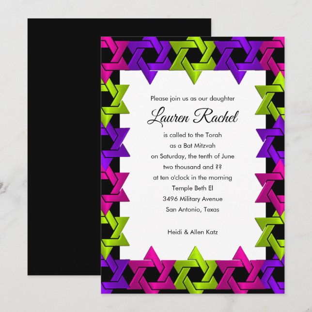 Bat Mitzvah Pink Green Purple Star on Any Colour Invitation (Front/Back)
