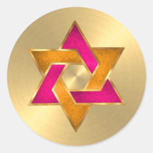 Bat Mitzvah Pink Orange Star of David Gold Classic Round Sticker