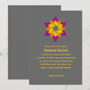 Bat Mitzvah Pink Orange Yellow Star Flower Invitation