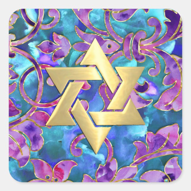 Bat Mitzvah Pink Purple Turquoise Damask Square Sticker (Front)