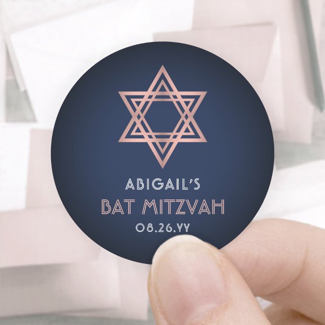 Bat Mitzvah Pink Rose Gold Navy Blue Star of David Classic Round Sticker (Creator Uploaded)