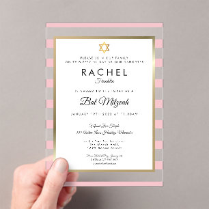 Bat Mitzvah Pink Stripe Gold Star of David Acrylic Invitations