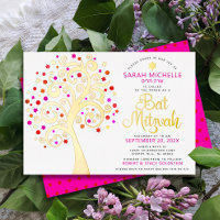 Bat Mitzvah Pink Tree of Life Script Real Gold