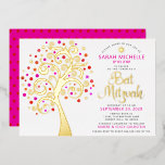 Bat Mitzvah Pink Tree of Life Script Real Gold<br><div class="desc">Be proud, rejoice and showcase this milestone of your favourite Bat Mitzvah! This graphic real gold foil tree with sparkly pink, orange, and red Star of David and dot “leaves” on a white background is the perfect invitation for this special occasion. A tiny, dark red Star of David pattern overlaying...</div>
