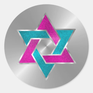 Bat Mitzvah Pink Turquoise Star of David Silver Classic Round Sticker