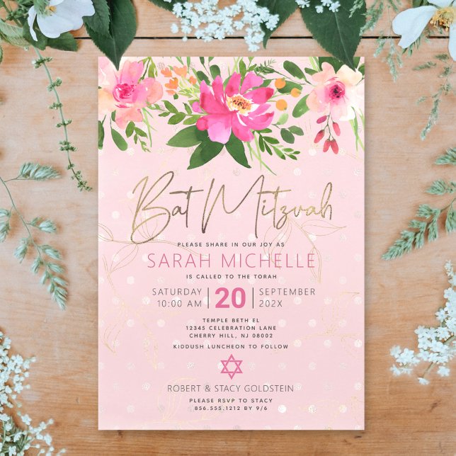 Bat Mitzvah Pink Watercolor Floral Modern Script Invitation (Creator Uploaded)