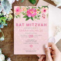 Bat Mitzvah Pink Watercolor Floral Modern Simple