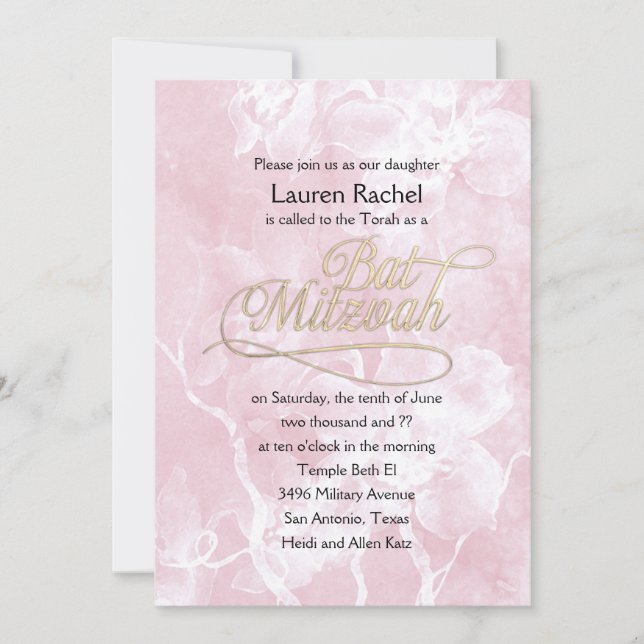 Bat Mitzvah Pink Watercolor Flowers Invitation (Front)