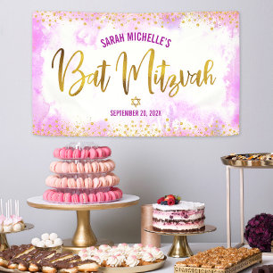 Bat Mitzvah pink watercolor girly gold foil script Banner
