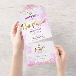 Bat Mitzvah pink watercolor gold script modern All In One Invitation