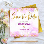 Bat Mitzvah Pink Watercolor Gold Script Square Save The Date<br><div class="desc">Make sure all your friends and relatives will be able to celebrate your daughter’s milestone Bat Mitzvah! Send out this stunning, modern, sparkly gold faux foil and glitter dots and typography script against a soft pink watercolor background, personalised “Save the Date” announcement card. Faux gold foil with a white Star...</div>