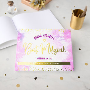 Bat Mitzvah Pink Watercolor Script Real Gold Foil Guest Book