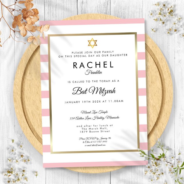 Bat Mitzvah Pink White Stripe Gold Star of David Invitation (Bat Mitzvah Pink White Stripe Gold Star of David Invitation)