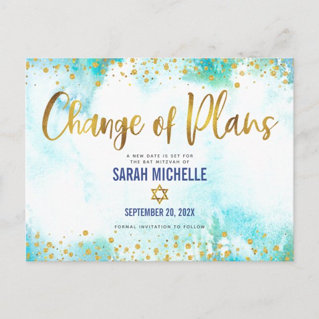 Bat Mitzvah Postponed Gold Glitter Blue Watercolor Invitation Postcard (Front)