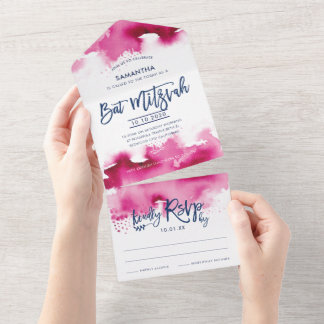 BAT MITZVAH pretty hand lettered pink watercolor All In One Invitation