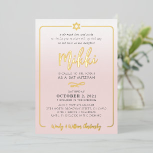 BAT MITZVAH pretty script pale pink ombre gold