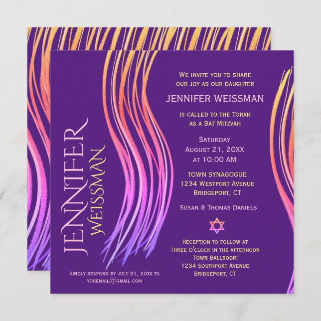 Bat Mitzvah Purple and Pink Prayer Shawl Invitation (Front/Back)
