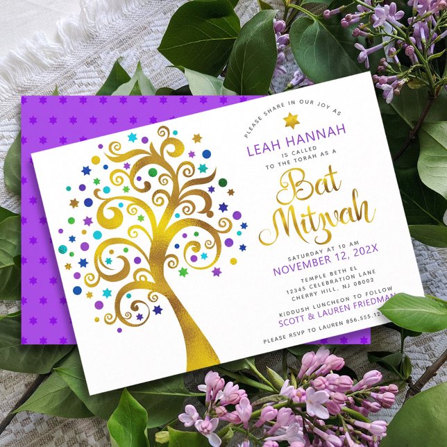 Bat Mitzvah Purple Gold Foil Modern Tree of Life Invitation (Creator Uploaded)