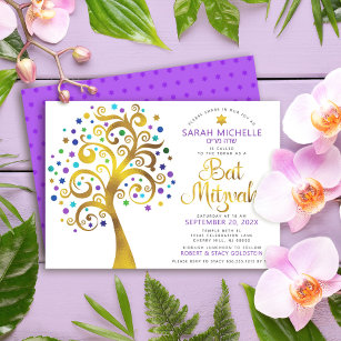 Bat Mitzvah Purple Gold Foil Script Tree of Life Invitation