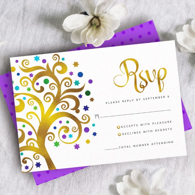 Bat Mitzvah Purple Gold Foil Tree of Life Modern RSVP Card (Creator Uploaded)