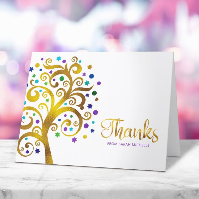 Bat Mitzvah Purple Gold Foil Tree of Life Modern Thank You Card (Creator Uploaded)