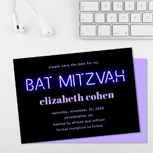 Bat Mitzvah Purple Neon Lights Save The Date Invitation