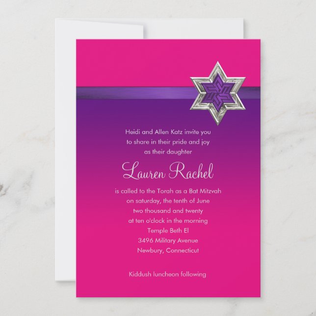Bat Mitzvah Purple Ombre Ribbon and Star Invitation (Front)