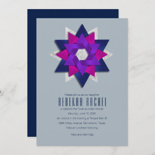Bat Mitzvah Purple Pink Navy Star Flower Invitation