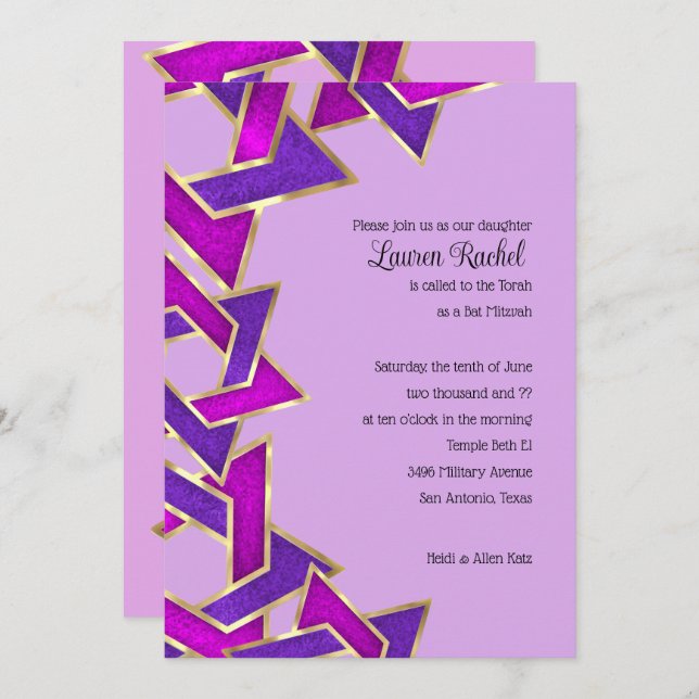 Bat Mitzvah Purple Pink Star of David Invitat Invitation (Front/Back)