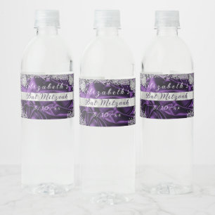 Bat Mitzvah Purple Satin Sparkling Diamonds  Water Bottle Label