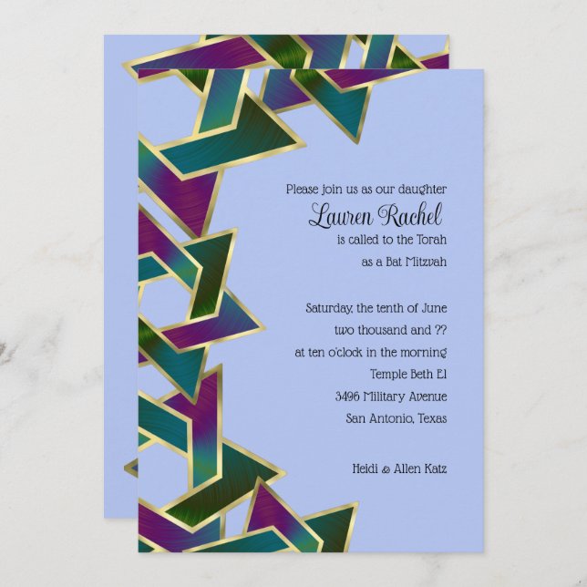 Bat Mitzvah Purple Teal Star of David on Any Colou Invitation (Front/Back)