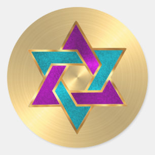 Bat Mitzvah Purple Turquoise Star David Gold Classic Round Sticker