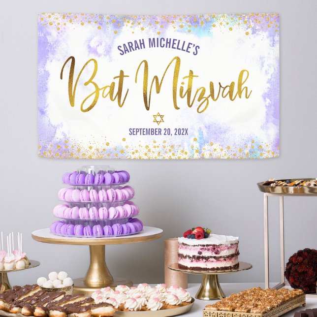 Bat Mitzvah purple watercolor gold foil script Banner (Creator Uploaded)