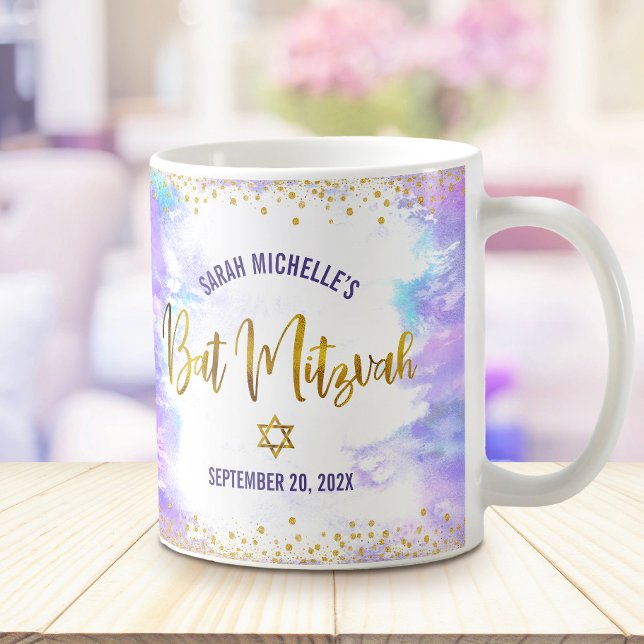 Bat Mitzvah Purple Watercolor Gold Script Confetti Coffee Mug (Creator Uploaded)