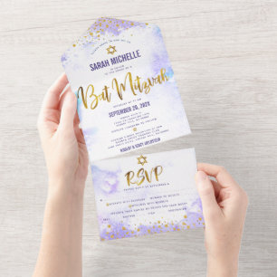 Bat Mitzvah Purple Watercolor Gold Script Party All In One Invitation
