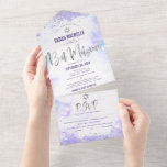 Bat Mitzvah Purple Watercolor Silver Script Party All In One Invitation<br><div class="desc">Be proud, rejoice and showcase this milestone of your favourite Bat Mitzvah! Send out this stunning, modern, custom all-in-one invitation for an event to remember. Sparkly faux silver foil, glitter dots and typography script overlay a light purple watercolor background. This all-in-one product is an unique combination of a custom invitation,...</div>