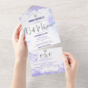 Bat Mitzvah Purple Watercolor Silver Script Party All In One Invitation