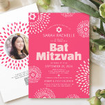 Bat Mitzvah QR Code Pink Photo Starburst Pop Retro Invitation<br><div class="desc">Be proud, rejoice and showcase this milestone of your favourite Bat Mitzvah with this fun, trendy, groovy, personalised QR code invitation! Retro pop white and blush pink flower starbursts with Stars of David, along with bold modern blush pink and white sans serif typography, overlay a bright coral pink background. On...</div>