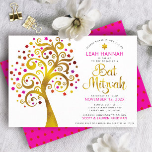 Bat Mitzvah Red Gold Foil Tree of Life Modern Bold Invitation