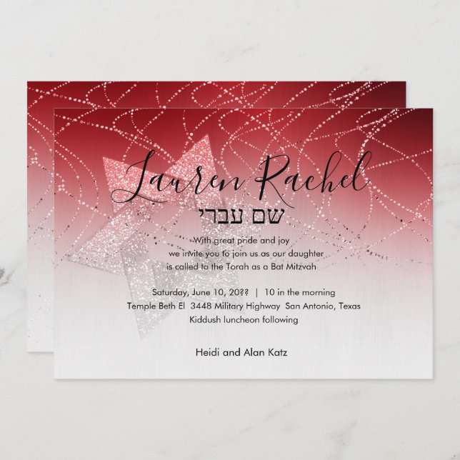 Bat Mitzvah Red Star of David Glittery Invitation (Front/Back)