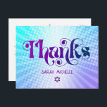 Bat Mitzvah Retro Blue Purple Gradient Thank You Postcard<br><div class="desc">Make sure your favourite Bat Mitzvah shows her appreciation to all who supported her milestone event! Send out this fun, boho retro, personalised thank you postcard. Fun, trendy, bold purple and navy blue typography with modern sans serif typography overlay a background of pop light turquoise and purple ombre gradient rays...</div>