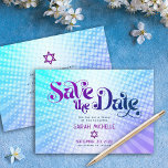 Bat Mitzvah Retro Blue Purple Ombre Gradient Boho Save The Date<br><div class="desc">Make sure all your friends and relatives will be able to celebrate your daughter’s milestone Bat Mitzvah! Send out this fun, boho retro, personalised “Save the Date” announcement card. Fun, trendy, bold purple and navy blue typography with modern sans serif typography overlay a background of pop light turquoise and purple...</div>