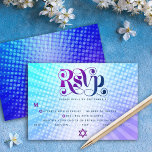 Bat Mitzvah Retro Boho Blue Purple Gradient Entrée RSVP Card<br><div class="desc">Be proud, rejoice and showcase this milestone of your favourite Bat Mitzvah! Include this boho, retro, personalised RSVP insert card for your event. Fun, trendy, bold purple and navy blue typography with modern sans serif typography overlay a background of pop light turquoise and purple ombre gradient rays with white dots....</div>