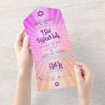Bat Mitzvah Retro Boho Pink Orange Gradient Bold All In One Invitation<br><div class="desc">Be proud, rejoice and showcase this milestone of your favourite Bat Mitzvah with this fun boho retro, custom all-in-one invitation for an event to remember. Hip, trendy, bold dark hot pink and purple typography with modern sans serif typography overlay a background of pop light orange and pink ombre gradient rays...</div>
