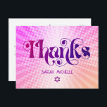 Bat Mitzvah Retro Pink Orange Gradient Thank You Postcard<br><div class="desc">Make sure your favourite Bat Mitzvah shows her appreciation to all who supported her milestone event! Send out this fun, boho retro, personalised thank you postcard. Fun, trendy, bold dark hot pink and purple typography with modern sans serif typography overlay a background of pop light orange and pink ombre gradient...</div>