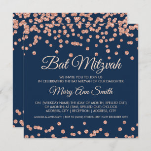 Bat Mitzvah Rose Gold Faux Glitter Confetti Navy Invitation