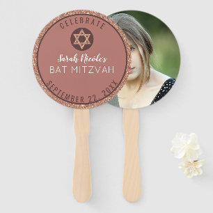 Bat Mitzvah Rose Gold Glitter Bling Photo Hand Fan